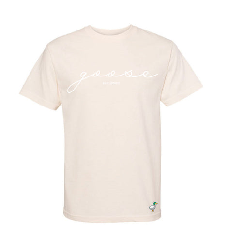 Men’s Ivory Cream Crew Neck T-Shirt - 3D Embroided Cursive Logo