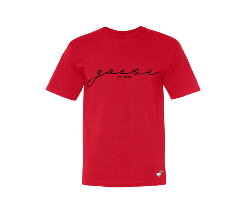 Men’s Cherry Red Crew Neck T-Shirt - 3D Embroided Cursive Logo