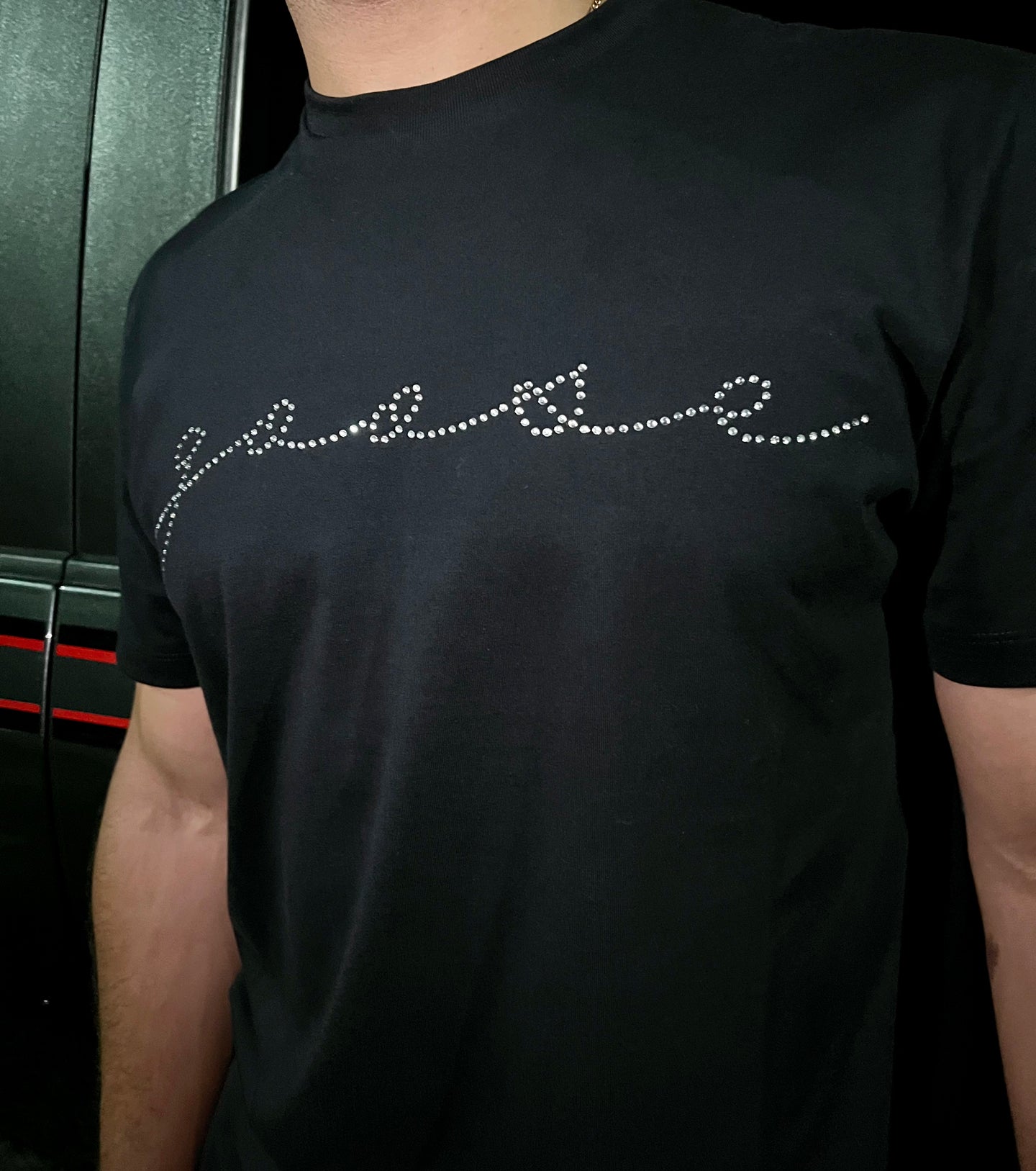 Men’s Black Crew Neck - Silver Rhinestone Cursive Logo